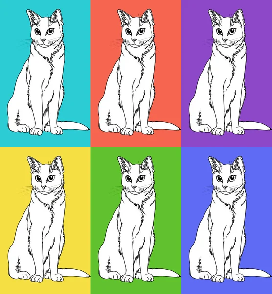 A set of a sitting white cat against six colored backgrounds, seamless pattern. Digital illustration.