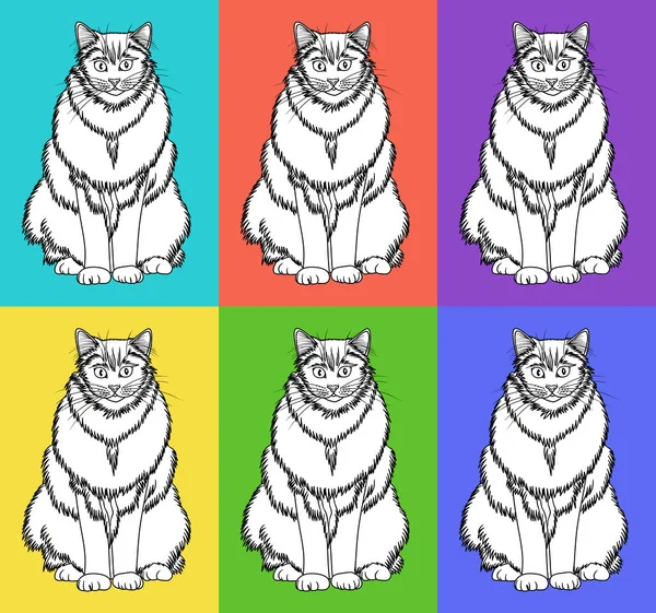 A set of a sitting white cat against six colored backgrounds, seamless pattern. Digital illustration.