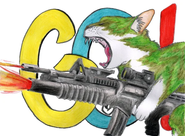 Khaki Colored Warrior Cat Firing Rifle Screaming Word Written Isolated — Photo