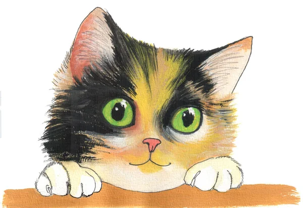 Multicolored head of a cartoon kitten with big green eyes looking over a beige smudge, isolated on a white background. Gouache painting.