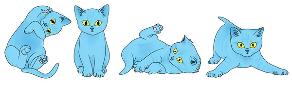 A collection of cute blue kittens with yellow eyes on white background. Set of childish stickers. Digital illustration.