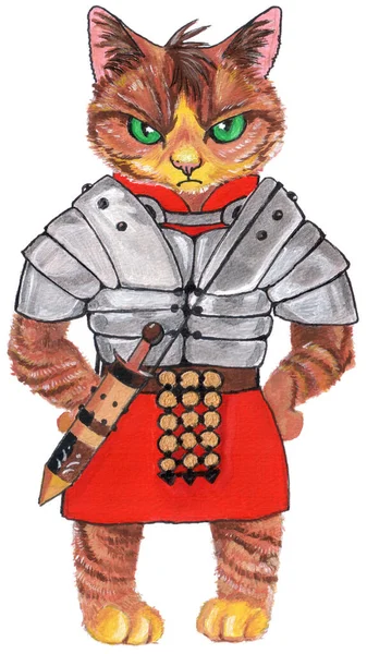 Angry warrior cat with green eyes on white background. Gouache hand painting of a tabby bodeful cat standing paws on hips in a roman warrior armour with a sword