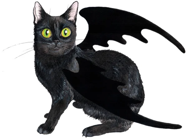 Watercolor hand drawing. Black curious cat with bat wings on a white background. Mystic creature of the Halloween night.