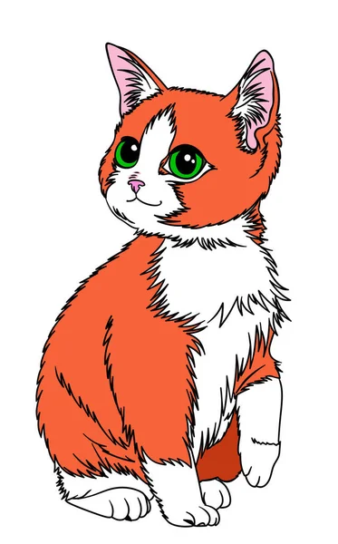 Ginger cute little kitten with big green eyes. Digital illustration.