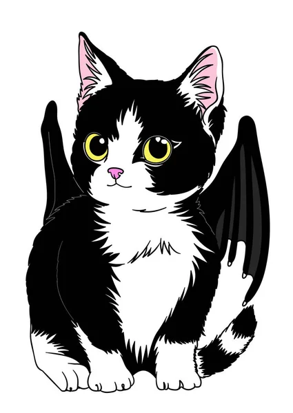 Black Cute Kitten Bat Big Yellow Eyes Bat Wings Digital — Stok fotoğraf