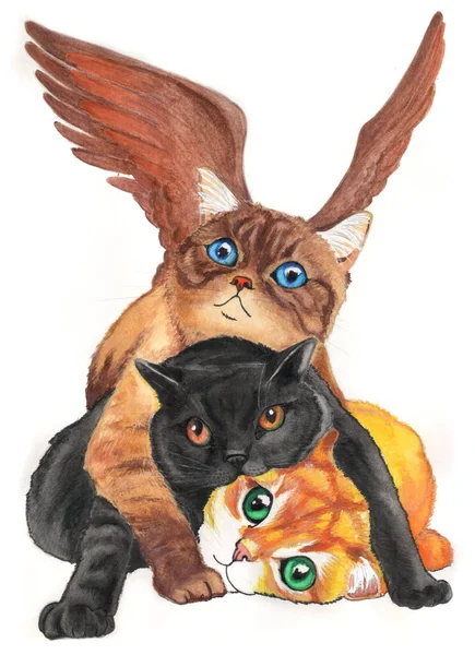 Watercolor Painting Angel Brown Cat Saving His Cat Friends — Fotografia de Stock