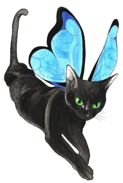 Fairy Black Cat Green Eyes Butterfly Wings Isolated White Background — 스톡 사진