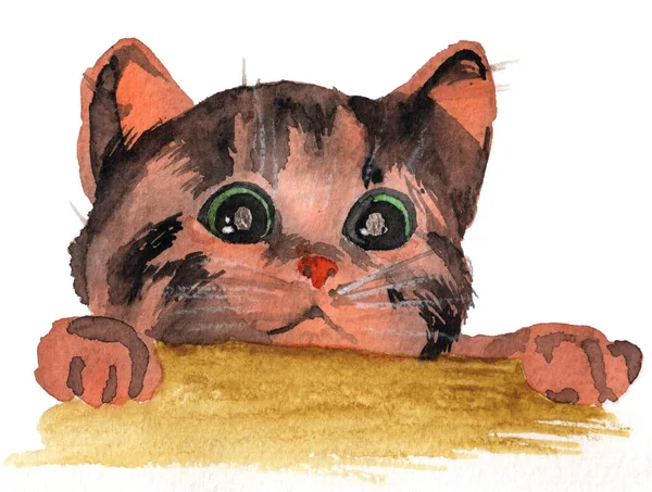 A ginger tabby kitten with green eyes is peering over a yellow smudge isolated on a white background. Watercolor sketch