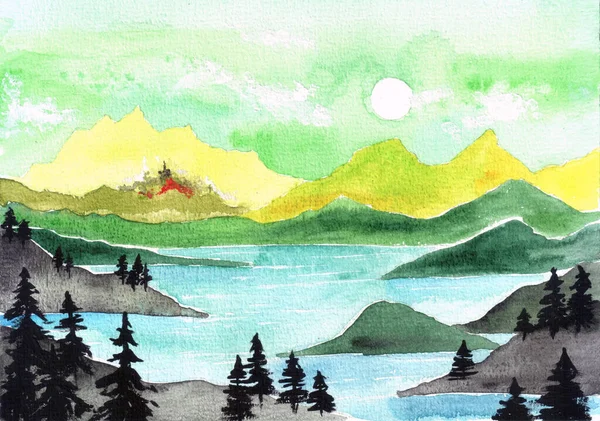 Watercolor Painting Lake Scenery Trees Silhouettes Front Distant Yellow Hills Stockbild