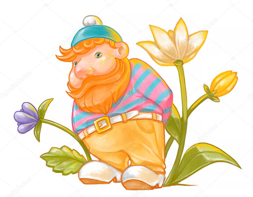 A cute red-bearded garden gnome in a blue hat and strippy shirt is standing in front of flowers with his hands clasped behind his back. Digital children illustration.