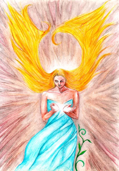 A long-haired blonde girl in a blue dress holds her hands at her heart and shining against the brown background, pencil hand drawing.