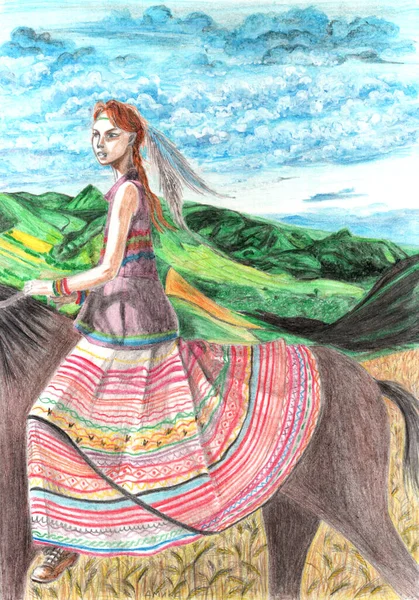 Карандашный Рисунок Цыганской Девочки Красочном Длинном Платье Перья Рыжих Волосах — стоковое фото