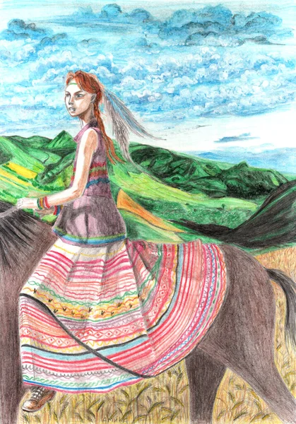 Pencil drawing of a teen gypsy girl in a colorful long dress and feathers in her ginger hair riding a horse against a summer English landscape