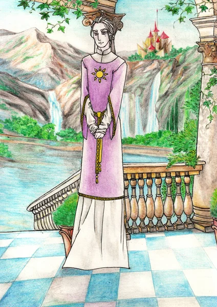 Man in fantasy clothes stands at the Greek-style entrance overlooking a lake, waterfalls and mountains with a medieval castle on the top. Traditional pencil hand drawing