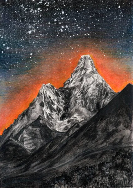 A snowy mountain at a late sunset against a starry sky. Pencil hand drawing.