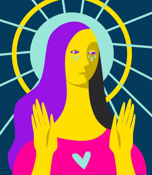 Simple vector illustration of a crying lilac-haired woman with a blue sun as a halo and a golden nimbus around her head. Praying, forgiving, and loving saint.