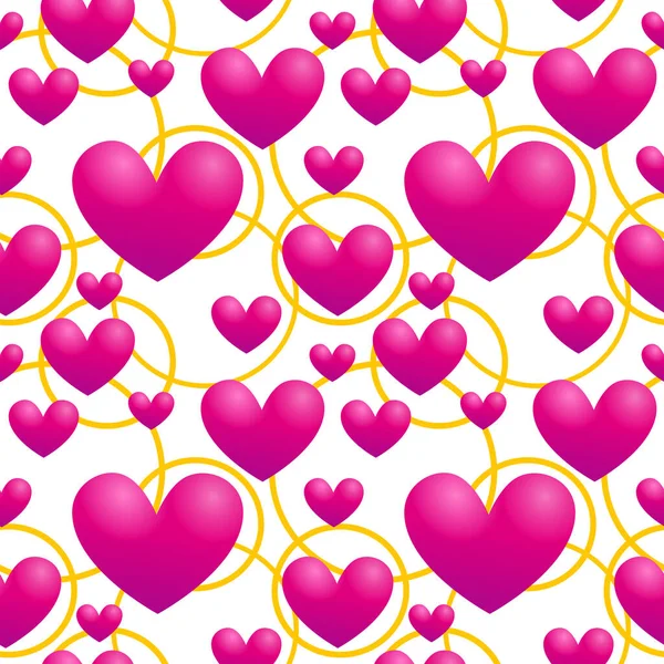 Seamless romantic vector pattern with hearts and golden circles against a white background