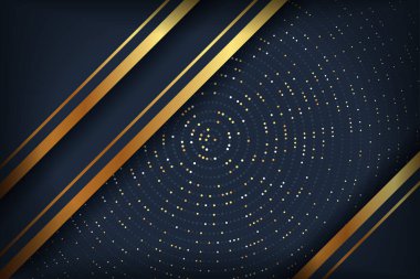 Lacivert arkaplanda parıltılı ve altın çizgilerle üst üste binen soyut eğri altın noktalar.