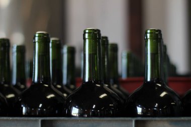 Şarap şişeleri, kırmızı beyaz.