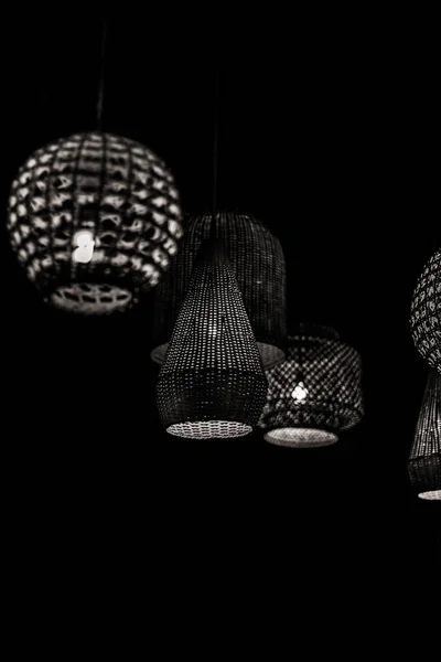 Bamboo Open Weave Hanging Lamp Night — Zdjęcie stockowe