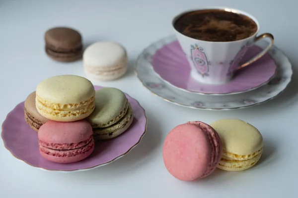Mix Appetizing Macarons Delicious Coffee Porcelain Cup White Table Greeting — Stock Photo, Image