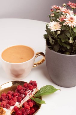 Top view to blurry cup of delicious coffee and chrysanthemums in pot next to it. Appetizing piece of cake with fresh raspberries on golden plate in the foreground. White background. Sweet concept.  