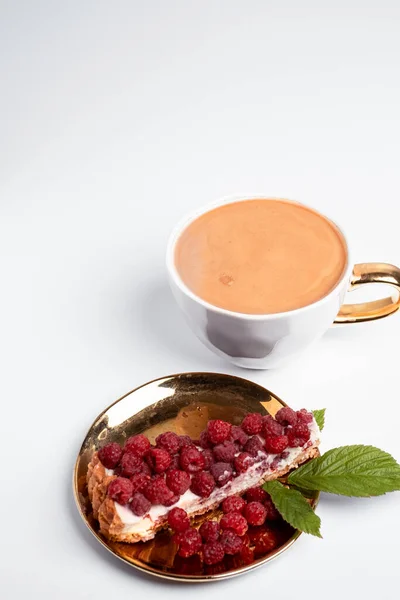 Delicious Piece Cake Fresh Raspberries Luxurious Cup Coffee Background Light — Stockfoto