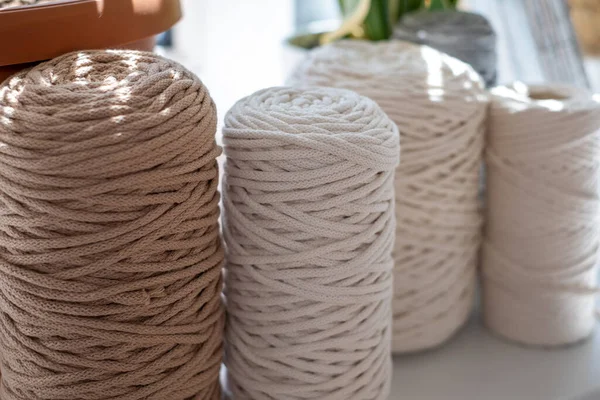Close Natural Cotton Twine Spools Blurred Background Excellent Image Handcrafts — Zdjęcie stockowe