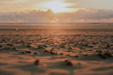 Blurred landscape with colorful sunset in beach of the Baltic sea. Picturesque sunset and sandy seashore with stones in the foreground. Spectacular sky in sunset.