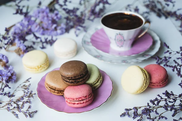 Mix Appetizing Macarons Delicious Coffee Porcelain Cup White Table Decorated — Stock Photo, Image