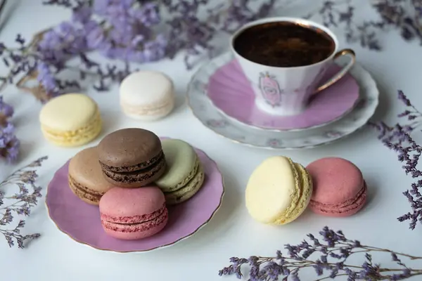 Mix Appetizing Macarons Delicious Coffee Porcelain Cup White Table Decorated — Stock Photo, Image