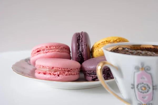 Close Appetizing Pink Yellow Macarons Cup Coffee White Background Mix — Stock Photo, Image