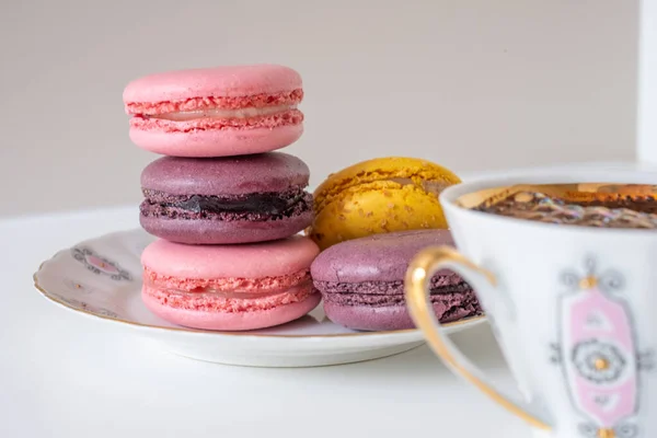 Close Appetizing Pink Yellow Macarons Cup Coffee White Background Mix — Stock Photo, Image