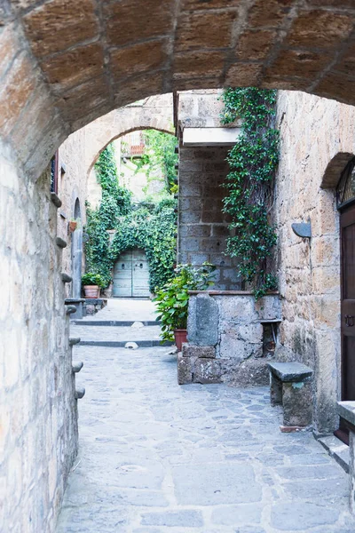 Exterior shot of spectacular ancient buildings of stones with cobblestone courtyard in the foreground and with stone stairway to entrance door decorated with plants in flower pots.