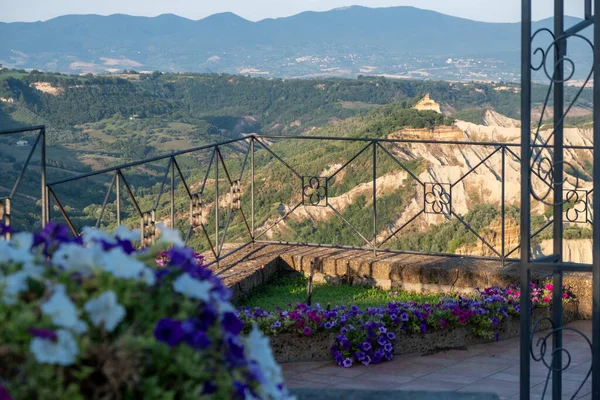 Außenaufnahme Eines Schönen Gartens Malerischer Berg Wunderschöne Terrasse Viele Töpfe — Stockfoto