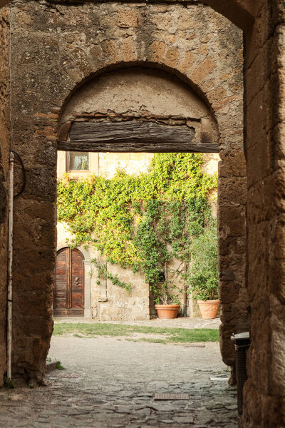 Ancient alley in the old town with buildings and arches. wall with climbing plants in background