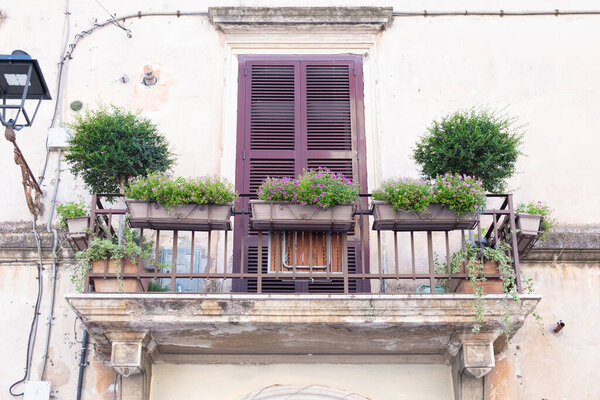 Bottom-up view to balcony with metal designed railing and with flower pots on it, with black outdoor lantern and electrical wires on ancient building wall, and with window shutters in background