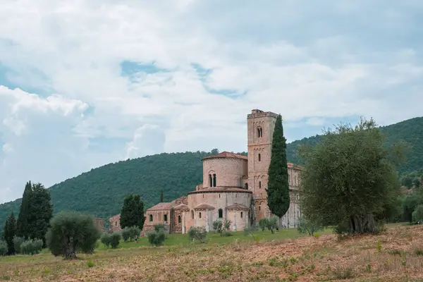 Sant Antimo Kloster Toscana Natursköna Typiska Toskanska Landskap Med Gröna — Stockfoto