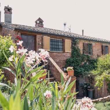 Işık taşı binasında resim gibi bir manzara. Bina duvarının yanında bir sürü çiçek ve antik taş duvar, güzel bahçedeki ev hedonik rahatlama ve keyif için bir yer.