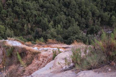 Kil bir uçurumdan akan dağ akıntısı ve arka planda vadide derin yeşil bir orman ve nehir.. 