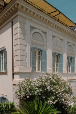 Etkileyici yenilenmiş, mavi pencereli ve ön planda yeşil çalıları olan eski, beyaz bir binanın köşesi.