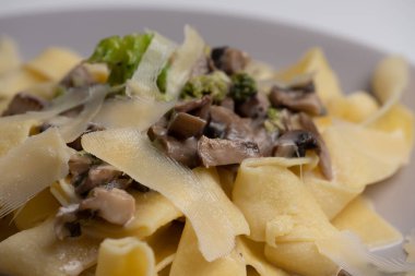 Mantarlı lezzetli makarna, brokoli ve krem soslu parmesan peyniri. yiyecek arka planı.