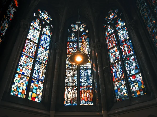 Colorfully stained windows of the Church of St Peter and St Paul in Ostend, Belgium.