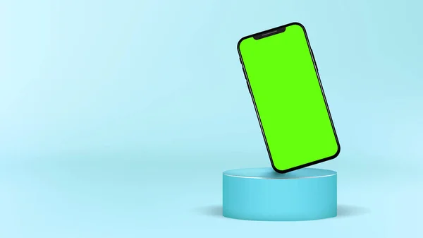 Realistic Cylinder Podium Modern Smartphone Standing Green Screen Blank Mockup — Vector de stock