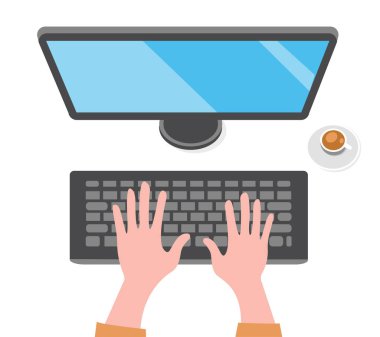 Bilgisayar Ekran Masaüstü Monitöründe Çalışan Resim Klavye Eller Çay Kupası Ofisi Modern İş Dijital Teknolojisi Şablonu