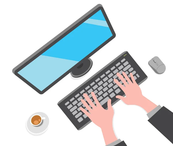 Illustration Working Typing Computer Screen Monitor Mouse Keyboard Hands Coffee — стоковый вектор