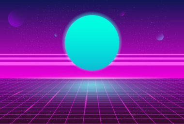 Synthwave Retro Blue Planet Neon Grid Background 80s Futuristic Party Style Background