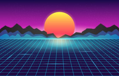 Synthwave Retro Sun Futuristic Geometric Landscape Mountains Sci-Fi Illustration Background