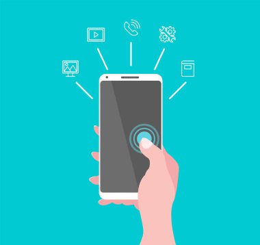 Smartphone Holding In Hand Illustration Call Setting Icons Glossy Display Device Flat Design Technology Equipment