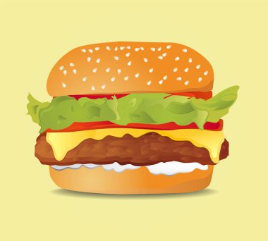 Classic Hamburger Isolated Illustration With Lettuce, Cheese And Tomato